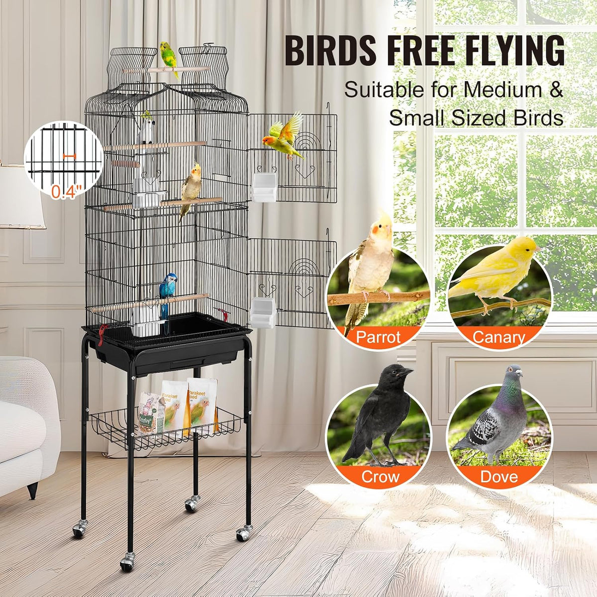 VEVOR 64-inch Open Top Large Parrot Bird Cage with Detachable Rolling - 18.0"L x 14.0"W x 59.5"H - image 3