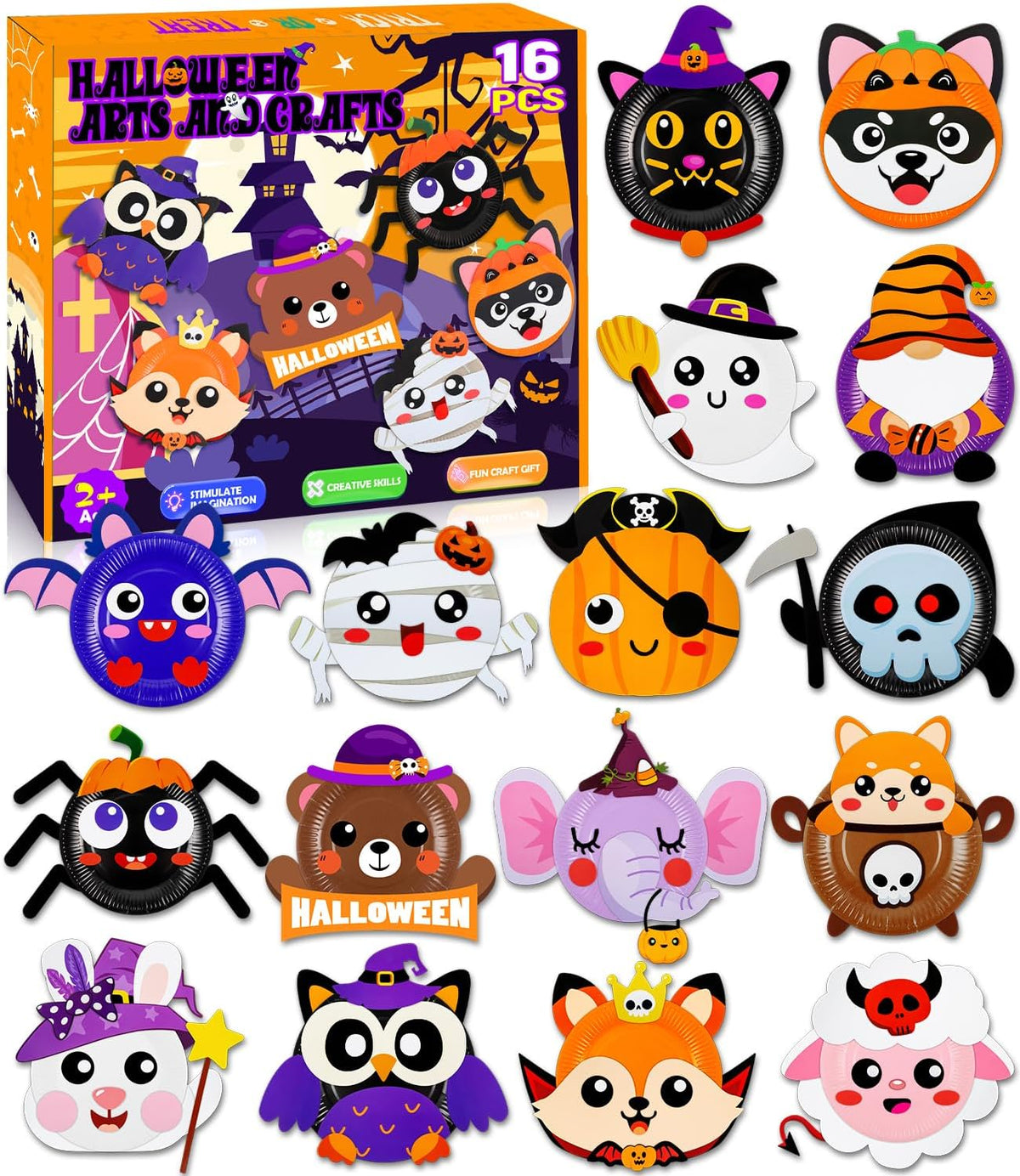 16 Pack Arts and Crafts for Kids Toddler DIY Animal Paper Plate Art - Halloween