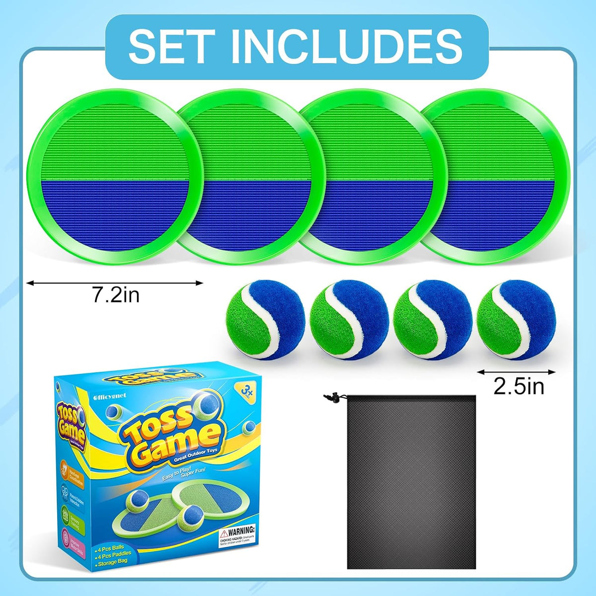 Officygnet paddle toss and catch ball game with 4 green paddles and 4 sticky balls - view 3