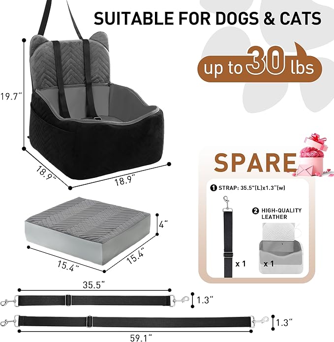 Dog Car Seat Booster with Waterproof Cover, Memory Foam, Small/Medium Dog Bed for Car Back Seat for Travel, Black/Grey, 2 Safety Belt