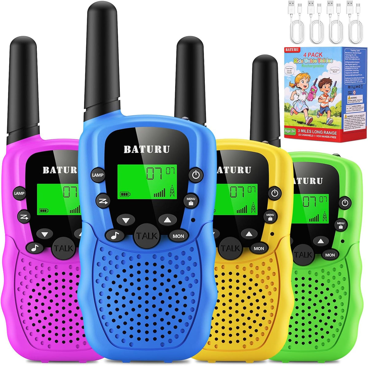 Walkie Talkies for Kids 4 Pack Rechargeable Outdoor Toys Gifts Boys - Blue Pink Yellow Green