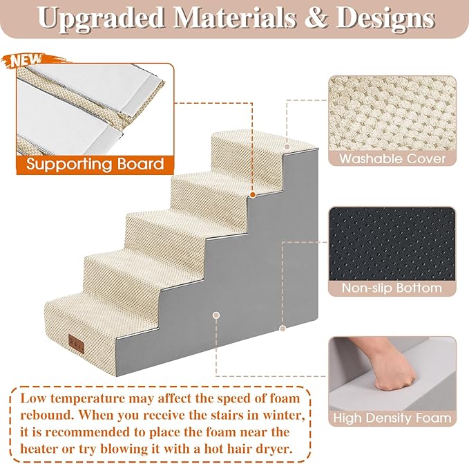 GGIB Dog Stairs for Small Dogs Pet Stairs for Sofa Couch Dog Ramp Pet Steps with Removable Washable Cover, Beige, 22" H, 5-Step