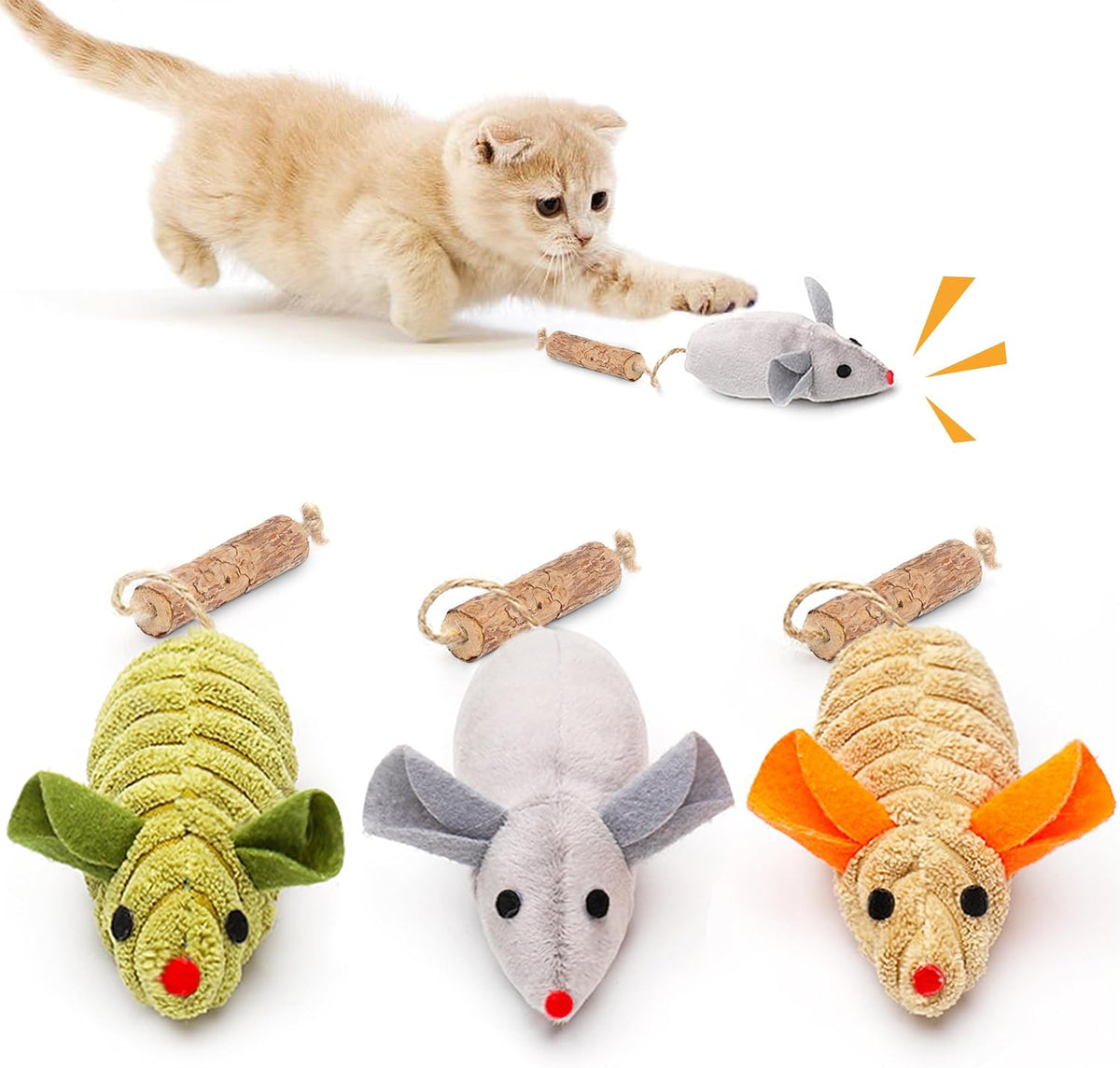 Potaroma Cat Toys: 3pcs Squeak Mice Interactive Catnip Silvervine