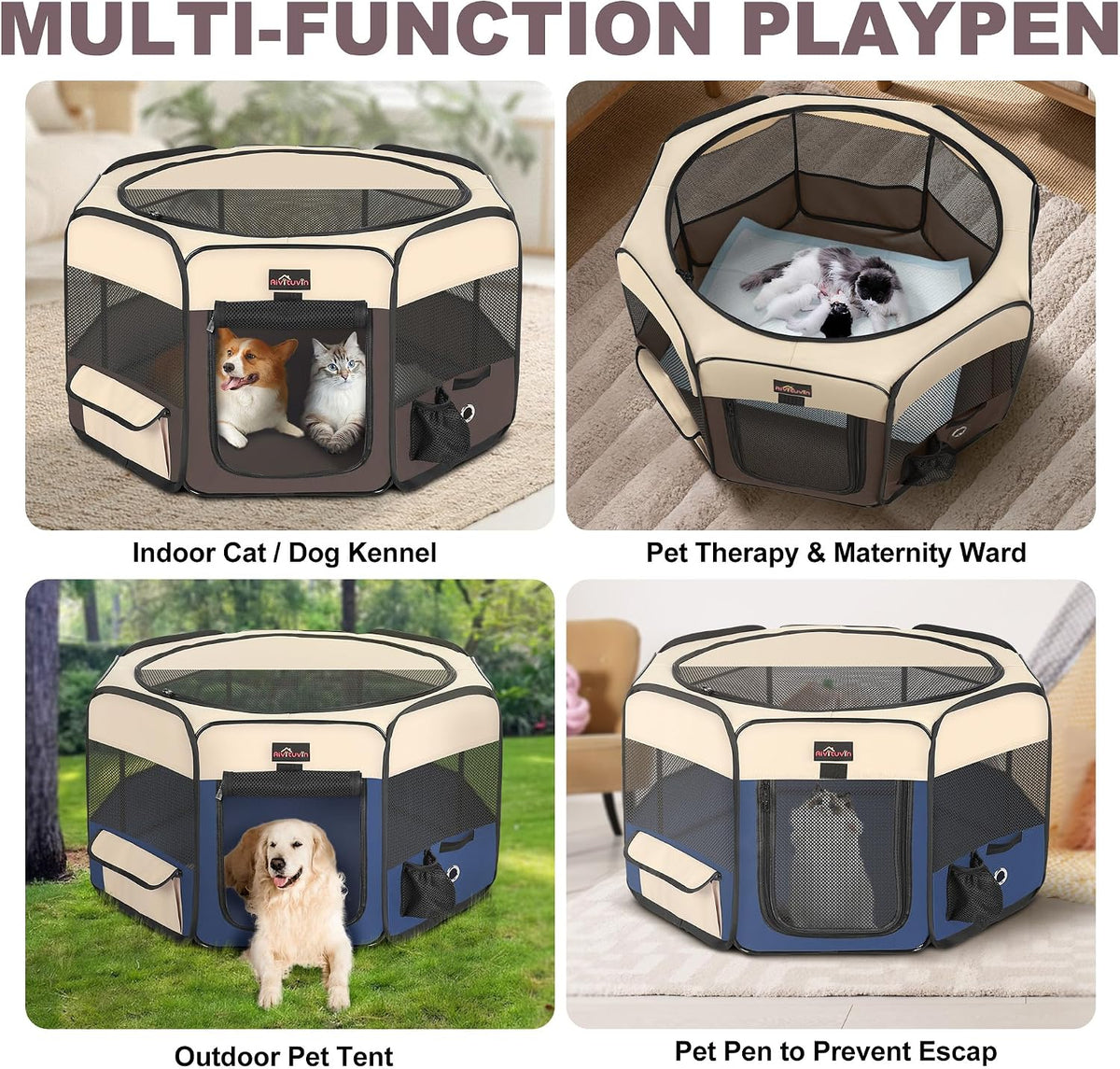 Aivituvin Dog Playpen, Foldable Pet Play Pens with Carrying Bag for Cat, Puppies, Rabbits, Portable - L / Brown - image 2