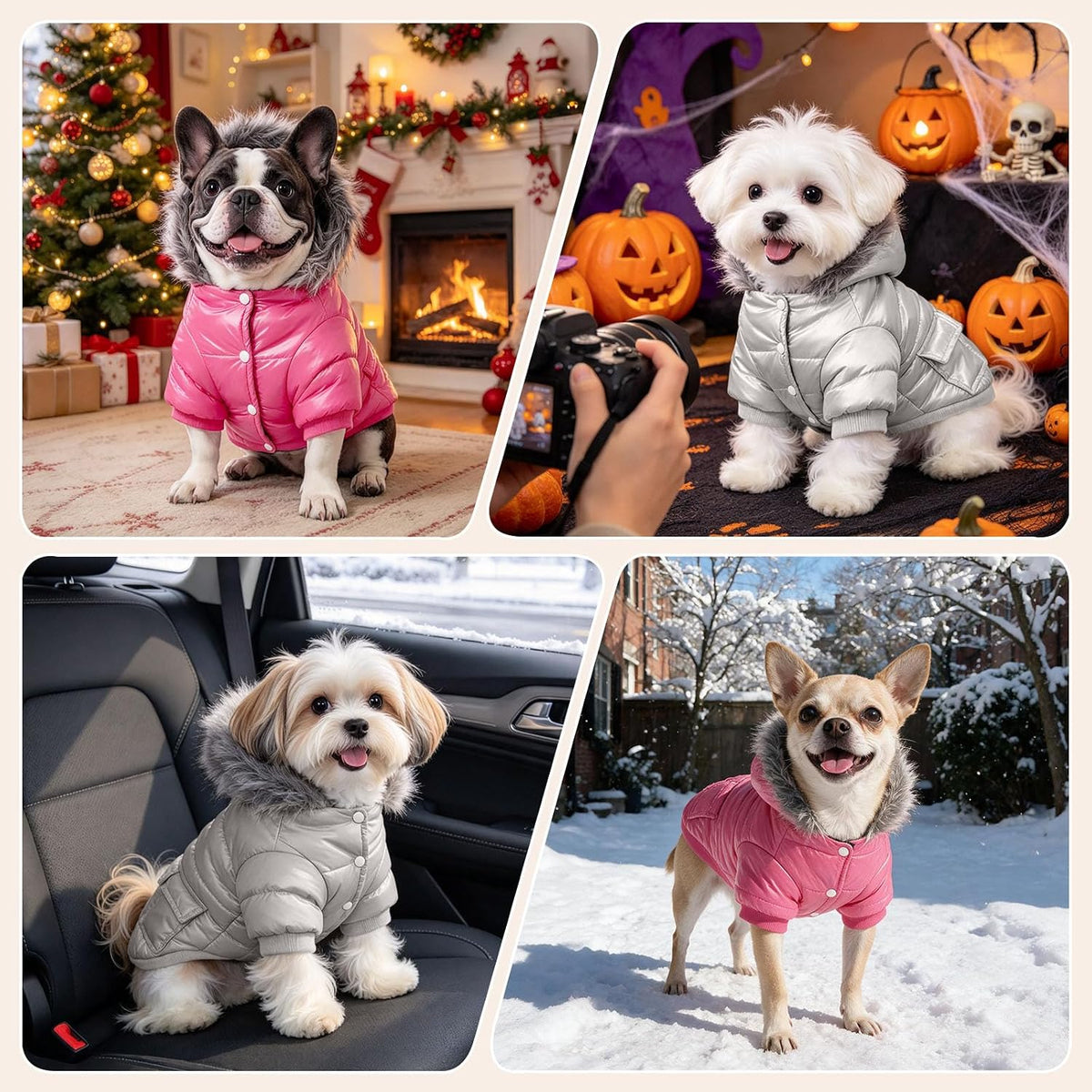 Dog Coat for Small Dogs, Windproof Doggie Puffer Jacket with Leash Hole, Extra Warm Dog Jacket - Small / Grey - image 2