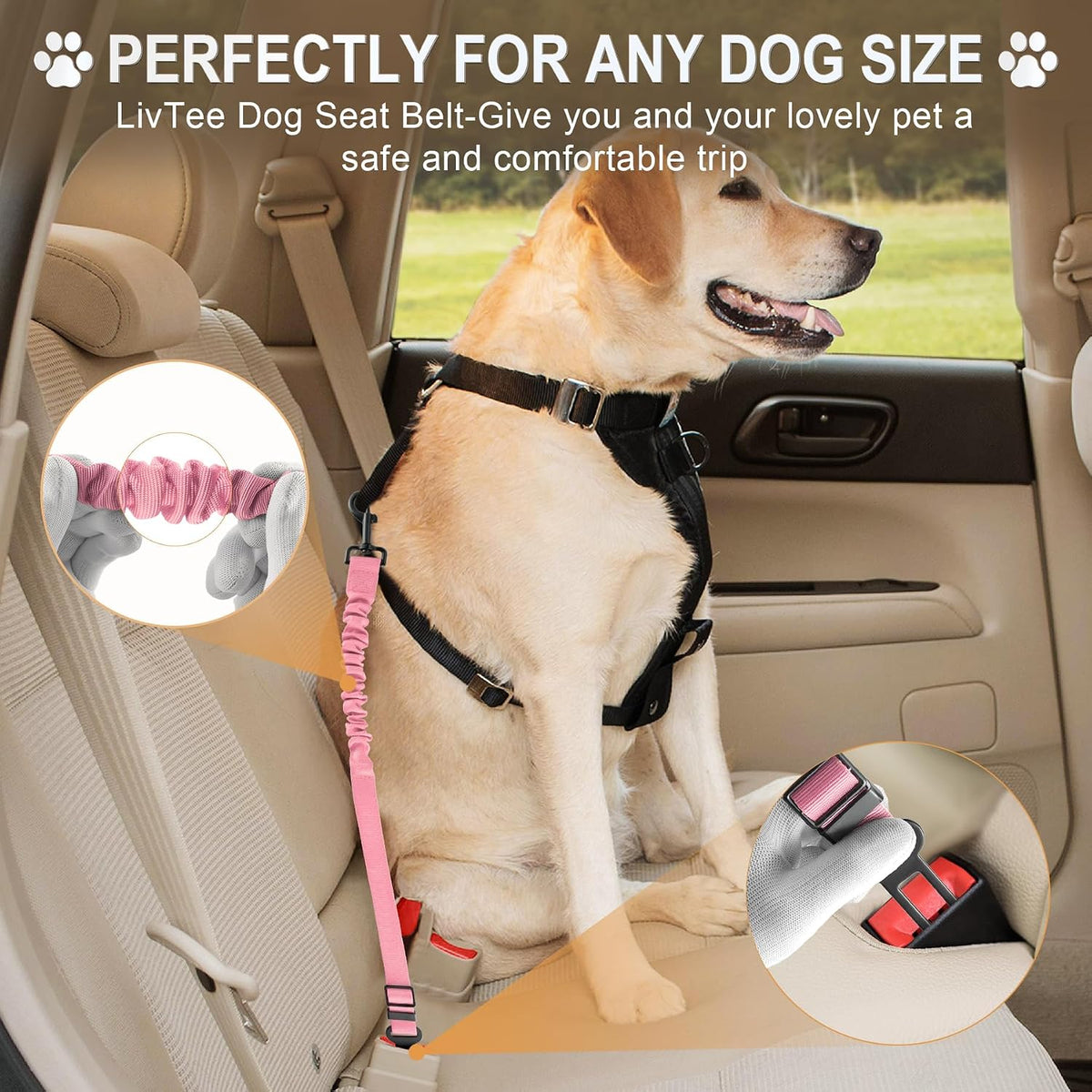 Dog Seat Belt for Car, Retractable Pet Safety Harness - Light Pink-2PCS - image 2