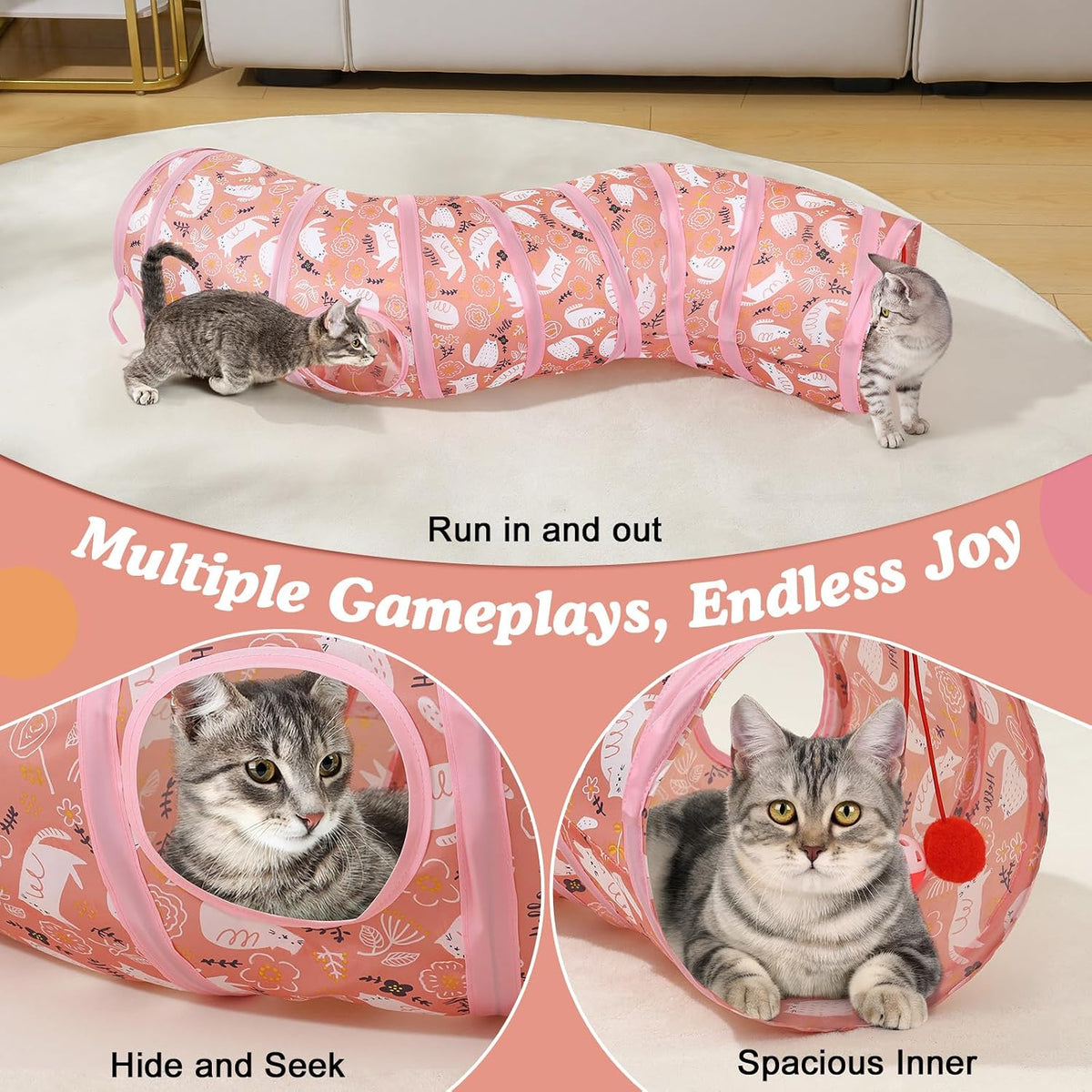 Pawaboo Cat Tunnel, Cat Tunnels for Indoor Cats - Pink Kitties / S Way - image 2