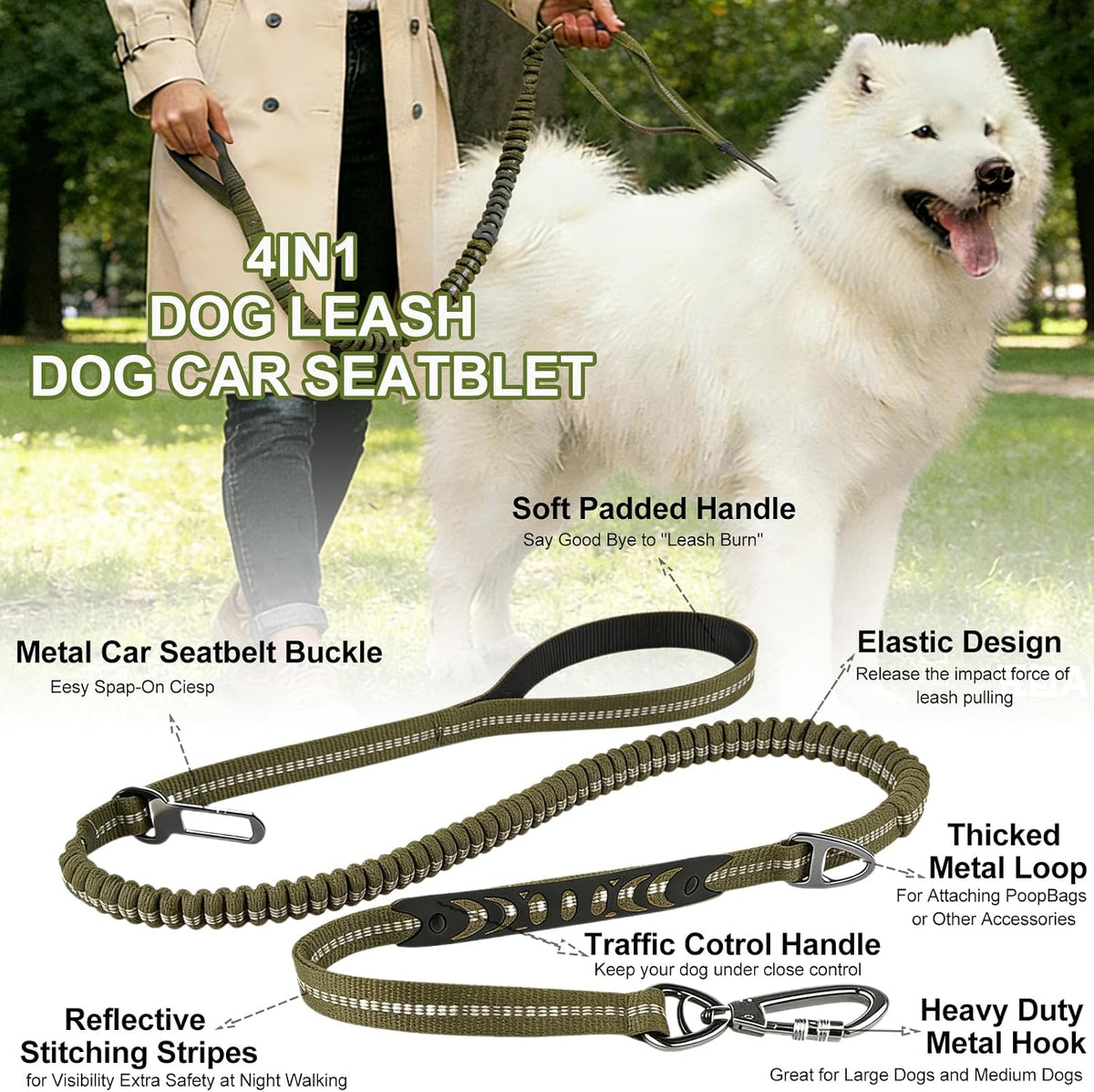 Dog Leash Heavy Duty, Bungee Leash Reflective Car Seat Belt for Dogs Brown – Essentials for Dogs - Olive Drab - image 4