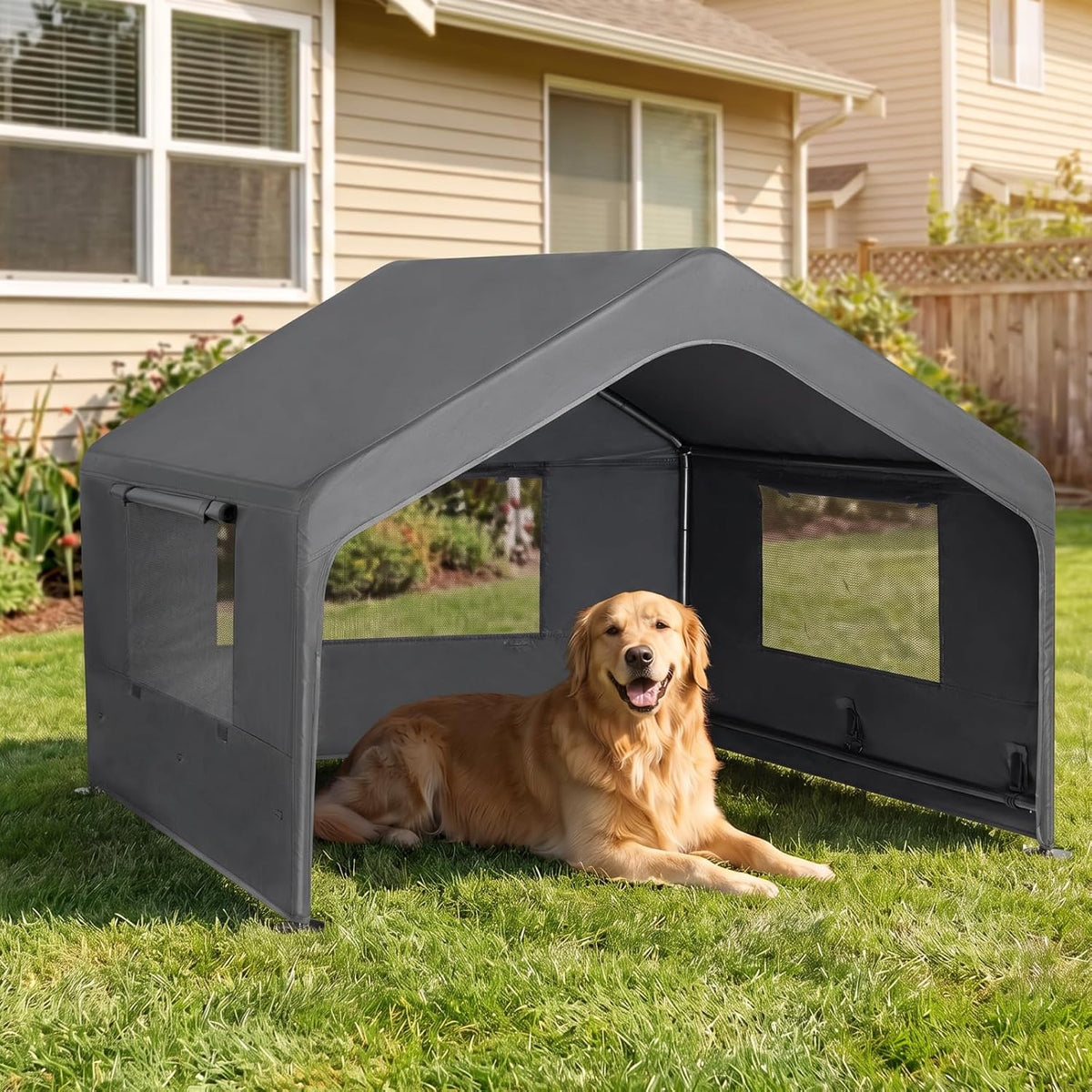Veehoo Extra Large Dog House Outdoor Includes Elevated Dog - Gray Dog Tent Only / 49.0"L x 49.0"W x 39.0"Th