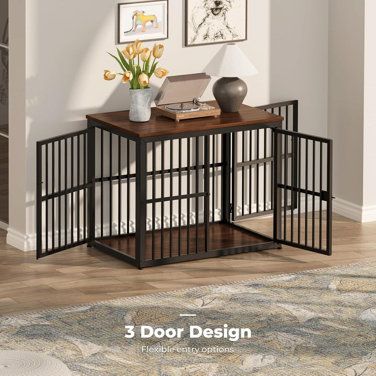 Lyromix 48'' XXL Dog Crate Furniture with 3 Doors for Large Dogs – Essentials for Dogs - Walnut / 33.1"L x 22.1"W x 26.0"H - image 3