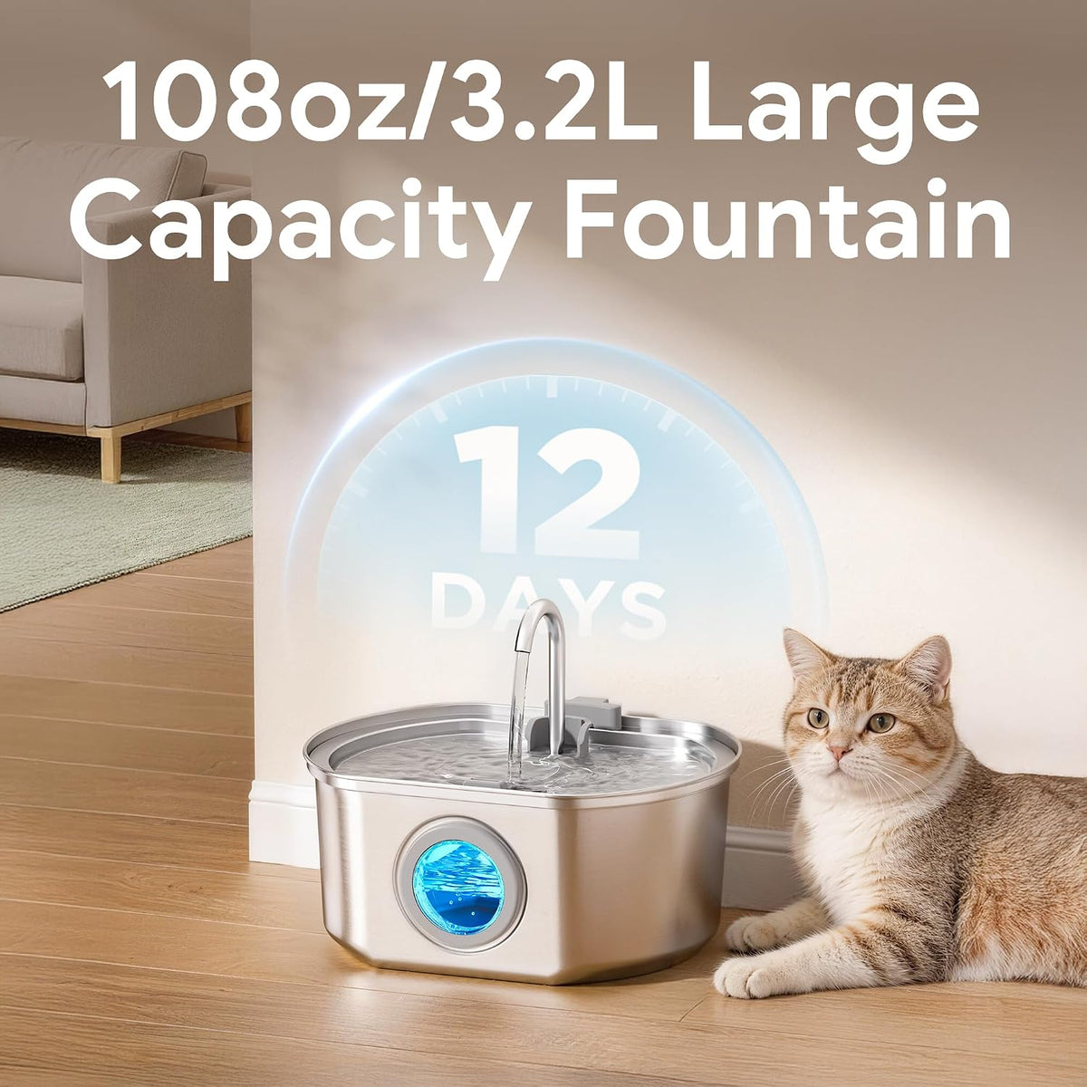 Cat Water Fountain Stainless Steel: 74oz/2.2L Cat Fountain - 108oz Fountain+4 Filters +4 Sponges - image 2