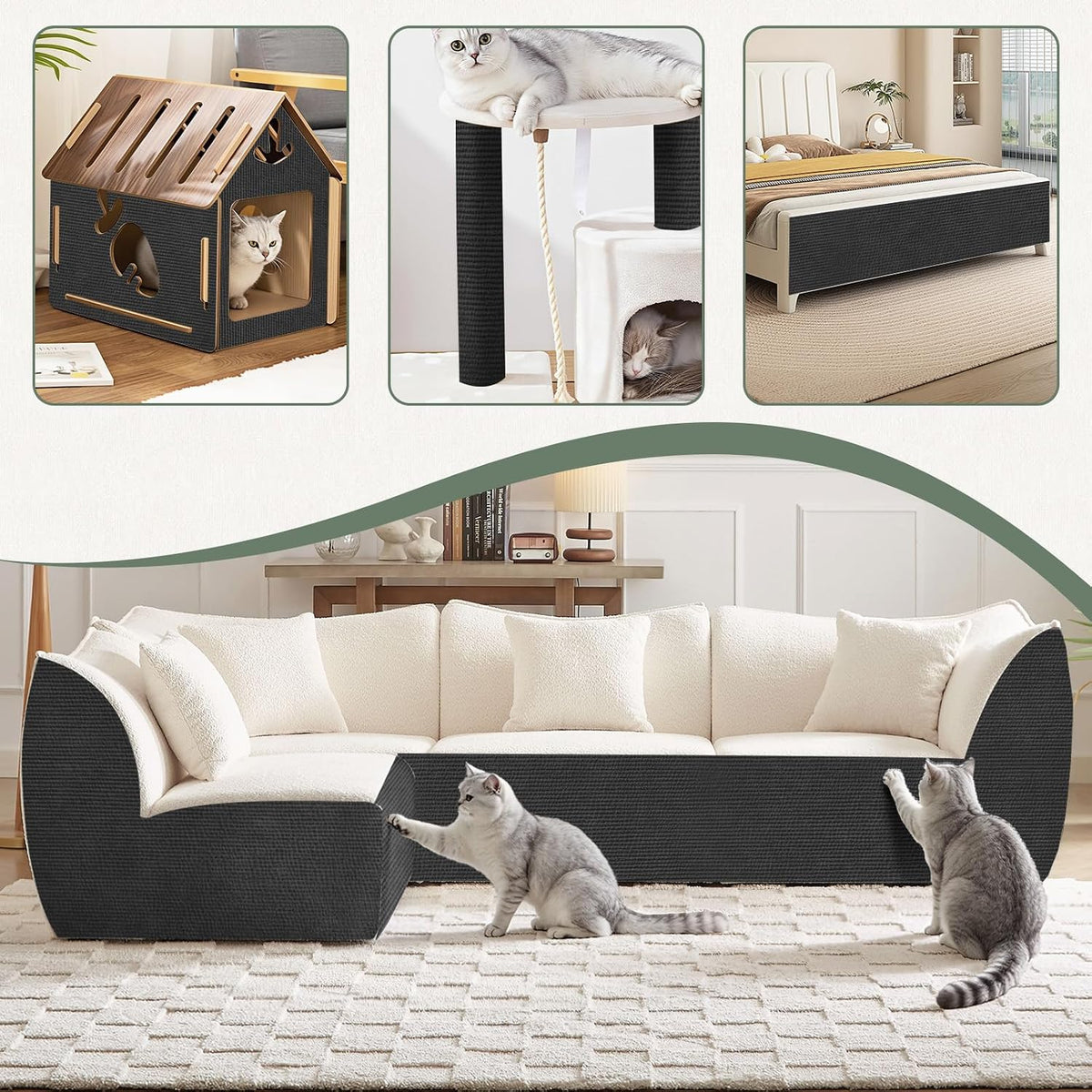 Sepazon black felt cat scratch furniture protector mat, 78.7 x 15.8 inches - view 3