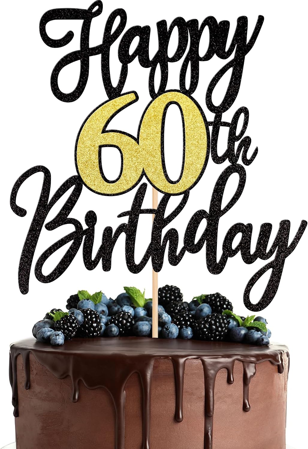 1 PCS Happy 60th Birthday Cake Topper Black Gold Glitter Cheers to 60 - 60th
