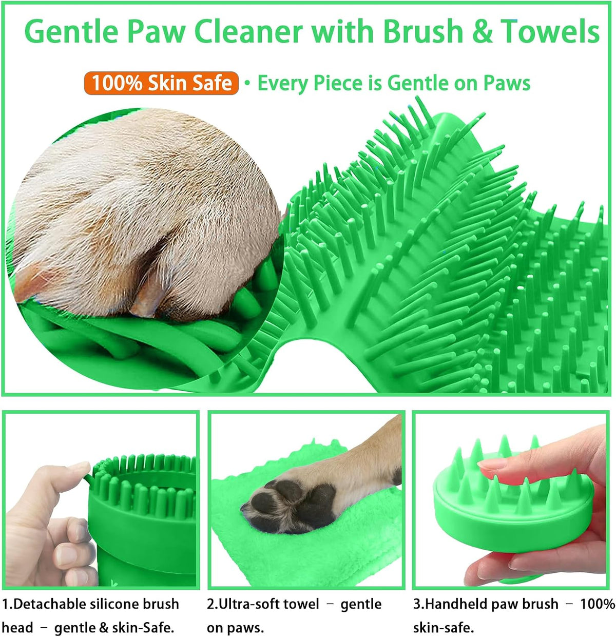 Dog Paw Cleaner Cup with Detachable Top Brush for Large & XL Dogs – Essentials for Dogs - Large(3Towels&Brush) / Green - image 4