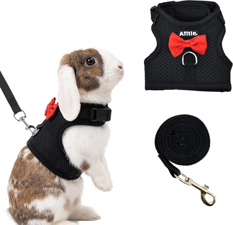 Breathable Bunny Harness and Leash Set with Cute Bow, Black S – Essentials for Small Pets - S / Black