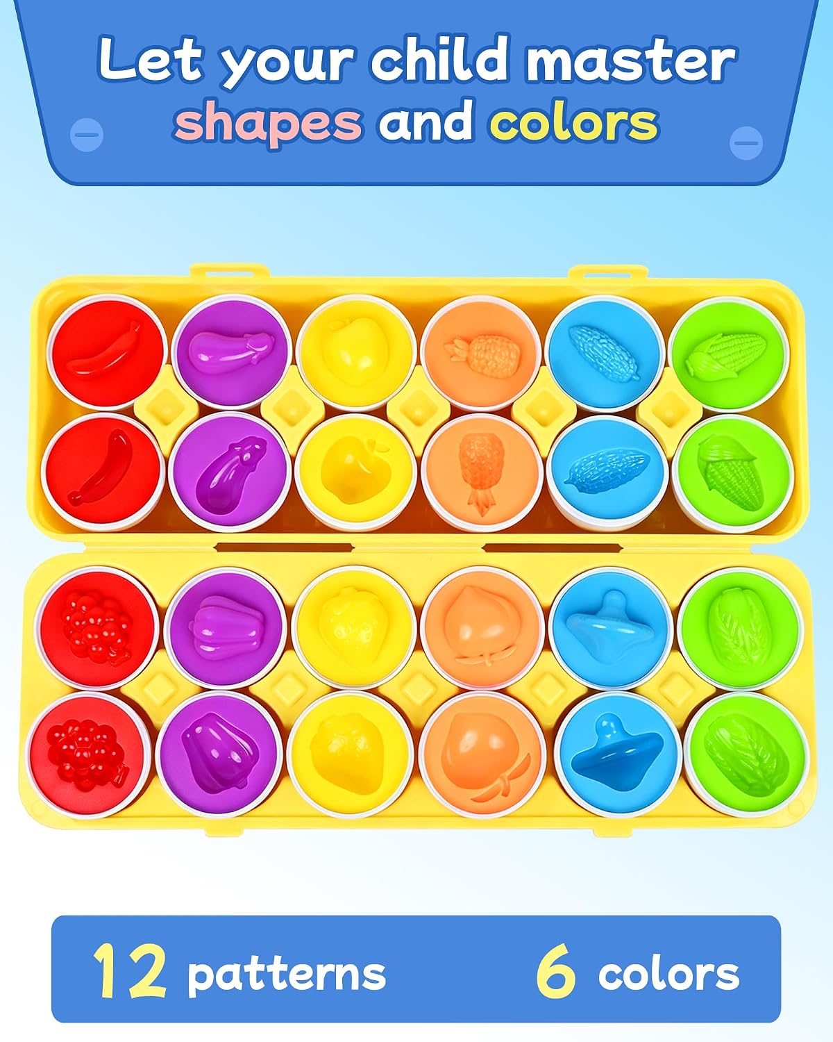 Tinabless Matching Eggs Toys 12 pcs Set Color & Shape Recognition - Yellow - Fruit & Vegetable Matching - image 2