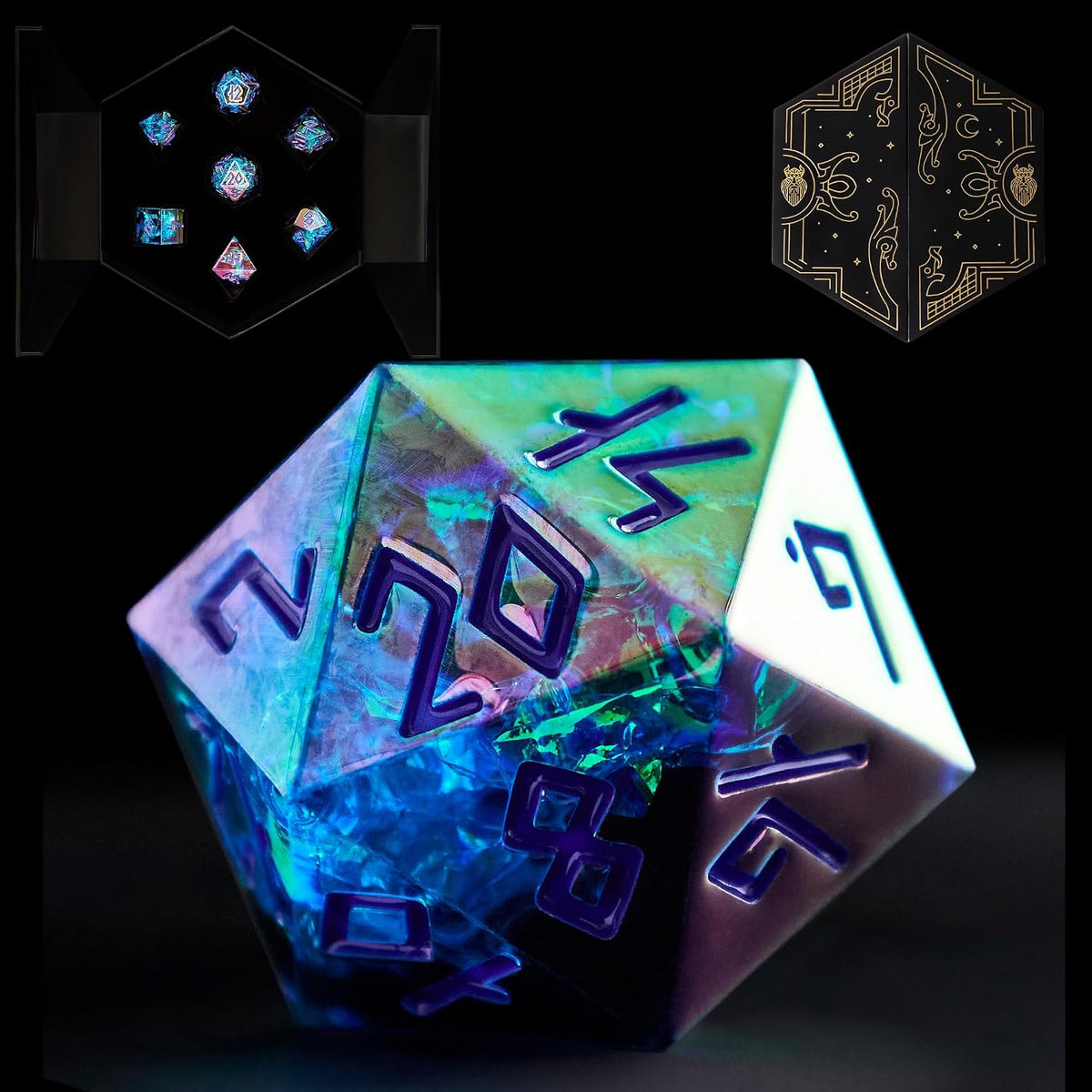 HEIMDALLR liquid core DND dice set in Fenrir's Shadow with glowing LED display box - view 3
