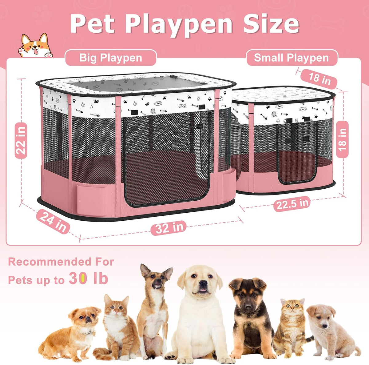 Cat Playpen, Portable Pet Dog Playpen - Pink / 32" × 24" × 22" - image 3