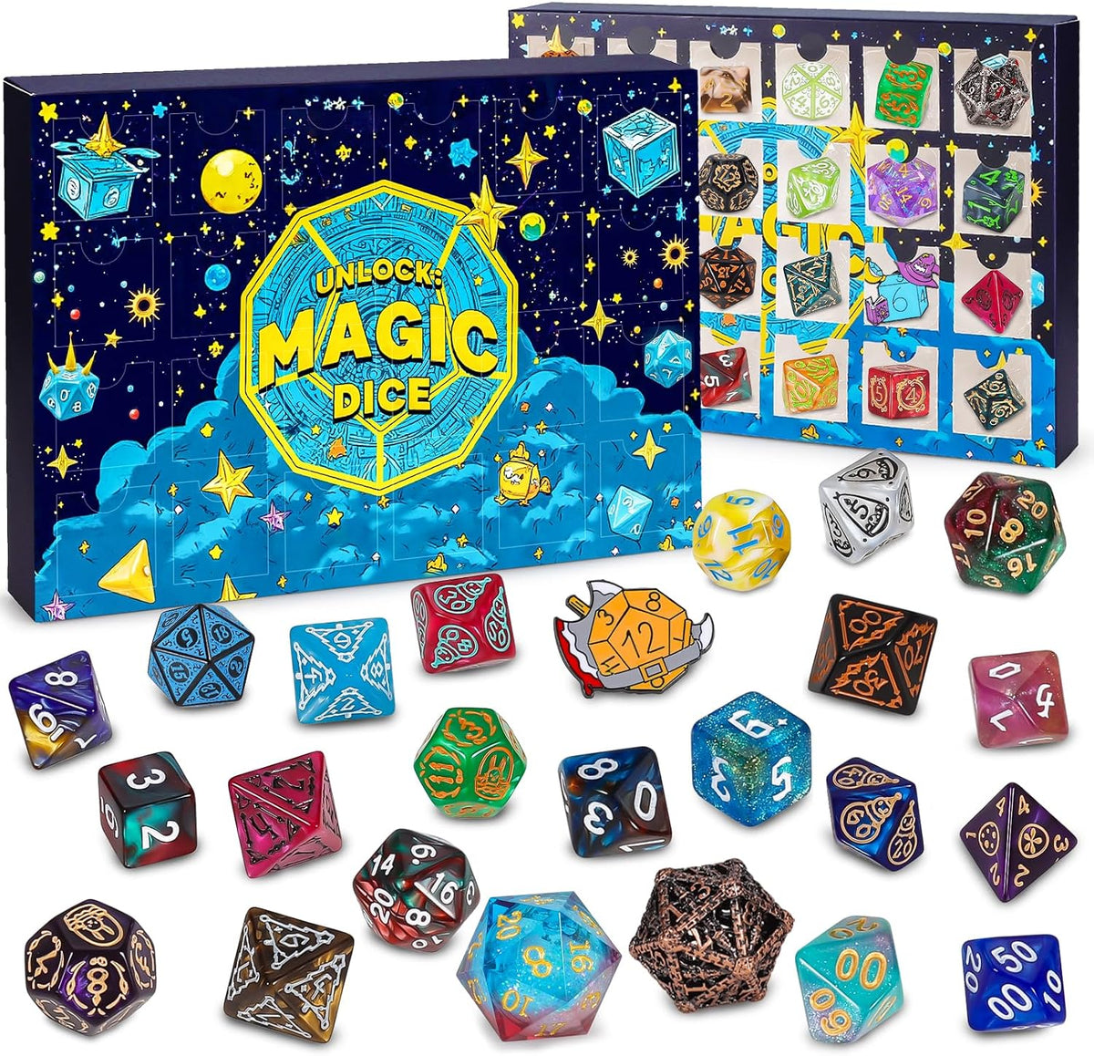 QMAY Mystery Dice Set – 7 Pcs Acrylic Polyhedral Dice + 1 Pcs Velvet Bag – Fun for Kids & Family - Mystery Dice Gift Box (24 Holes)