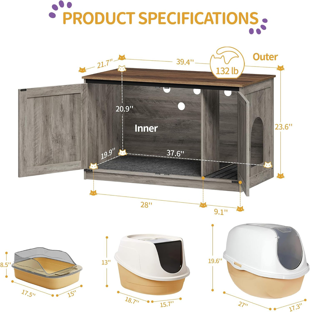 Hzuaneri Cat Litter Box Enclosure - Light Ivory and Brown / 39.4"L x 21.7"W x 23.6"H - image 2