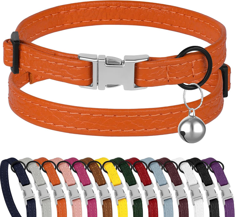Leather Cat Collar with Buckle and Removable Bell - Orange