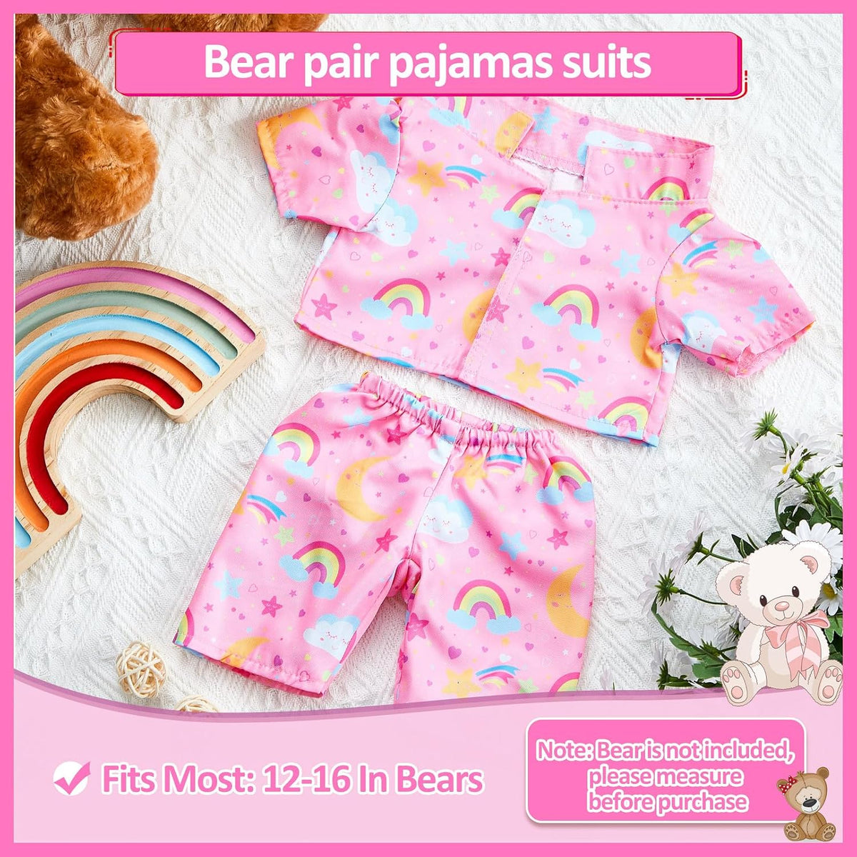 2 Pcs Rainbow PJ's Bear Clothes Outfit Stuffed Animal - Rainbow / Pink - image 2