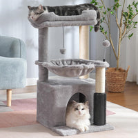 Cat Tree 32” Small Cat Tower with Large Hammock 16”& Self Groomer – Essentials for Cats - Medium-32" / Gray