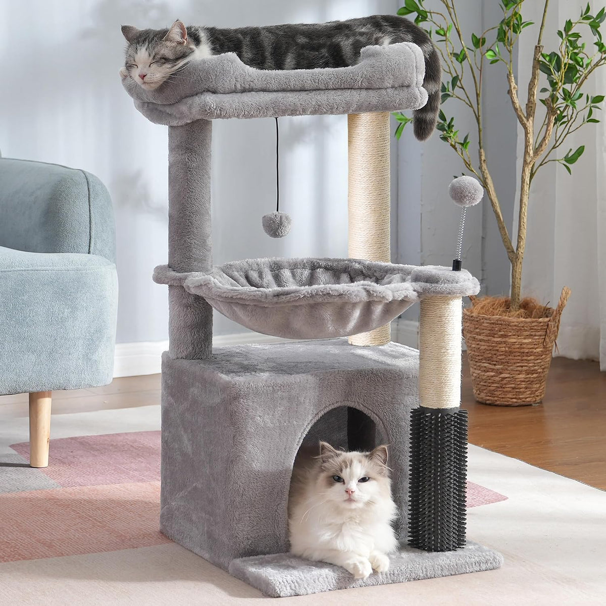 Cat Tree 32” Small Cat Tower with Large Hammock 16”& Self Groomer – Essentials for Cats - Medium-32" / Gray