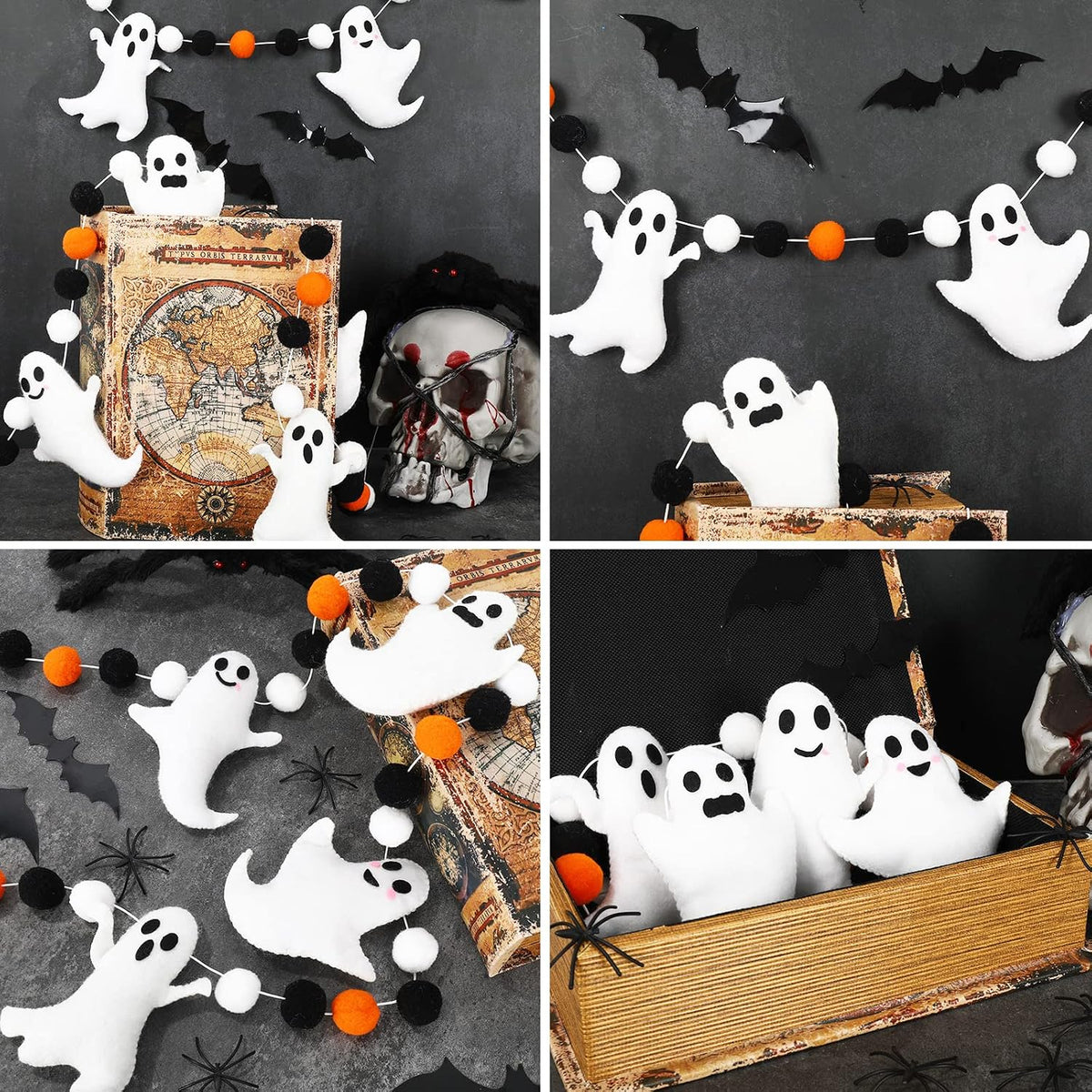 Whaline Halloween ghost felt banner with white ghosts in different expressions and black and orange  - view 7