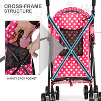 MoNiBloom 4 Wheels Pet Stroller, Easy-Fold Umbrella Shaped Dog Cat Jogger Stroller w/Storage Bag & Visible Mesh for Small/Medium Dogs Cats Hot Pink Polka Dots