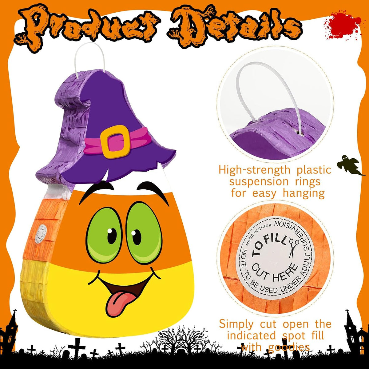 Aoriher Halloween skull piñata with bat stick, blindfold and square confetti - view 10