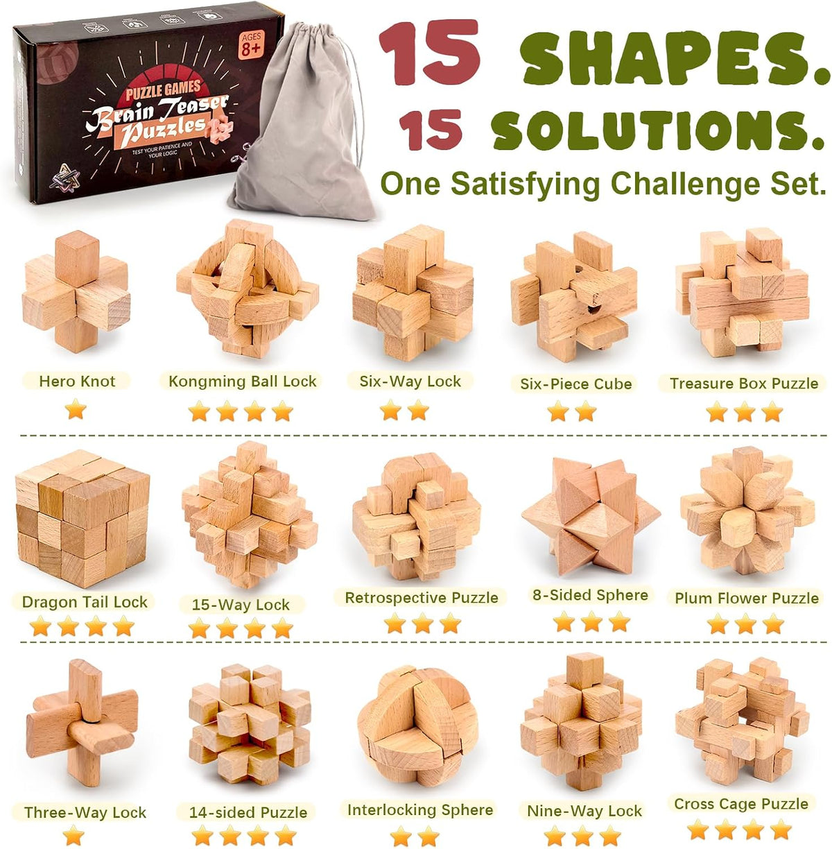 VolksRose 12pcs Wooden Brain Teaser Puzzles - C-15pcs-4.5cm - image 3