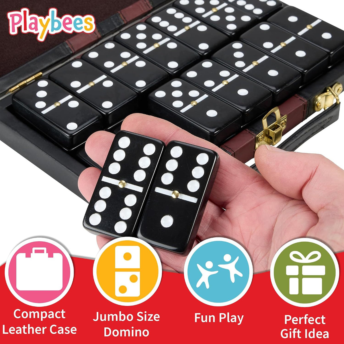 Jumbo Double Six Dominoes Set for Adults, Black Tiles - Double-6 | Jumbo Black | Brown Case - image 4