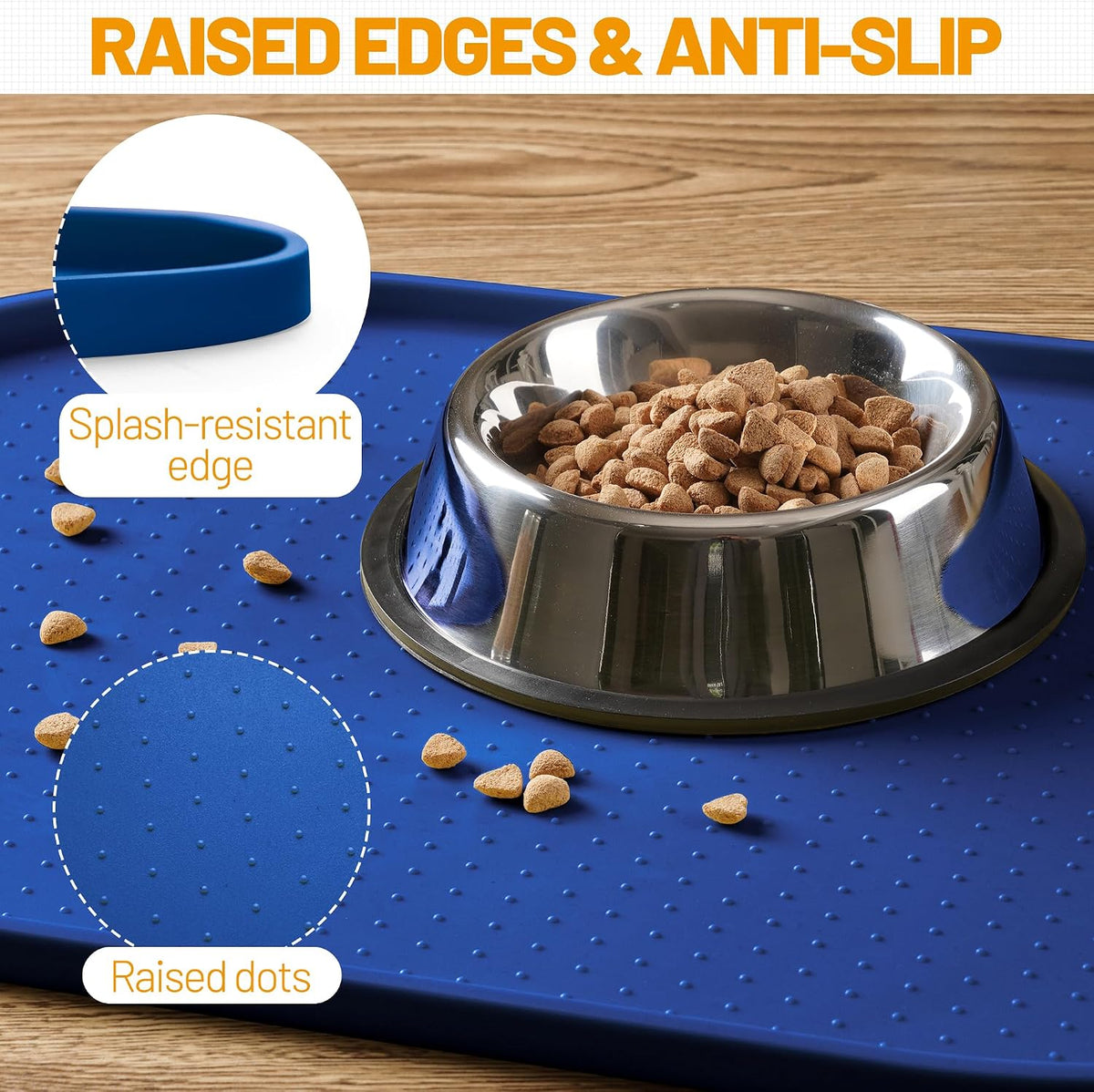 Hubulk 100% Waterproof Silicone Pet Feeding Mat with Raised Edge - Navy Blue / 16"L x 10"W - image 3