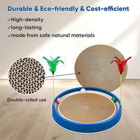 20-Inch Round Cat Scratcher with Ball Track – 3-in-1 Cardboard Scratching Pad with Feather Toy & Non-Slip Base – Interactive Cat Toy for Indoor Cats, Kittens & Large Cats (Blue)