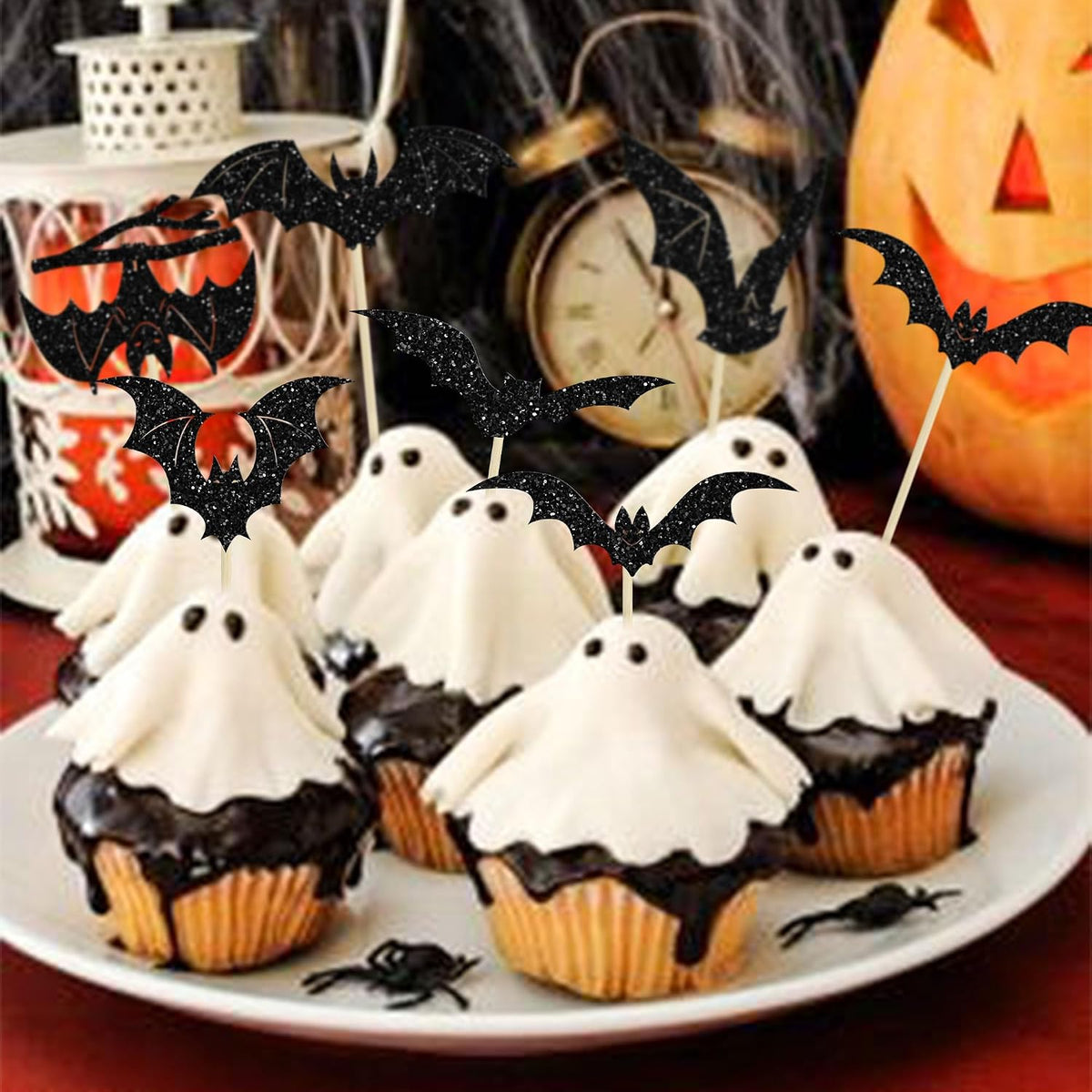 Gyufise 24Pcs Halloween Bat Cupcake Toppers Black Glitter Bat - Black With Glitter - image 4