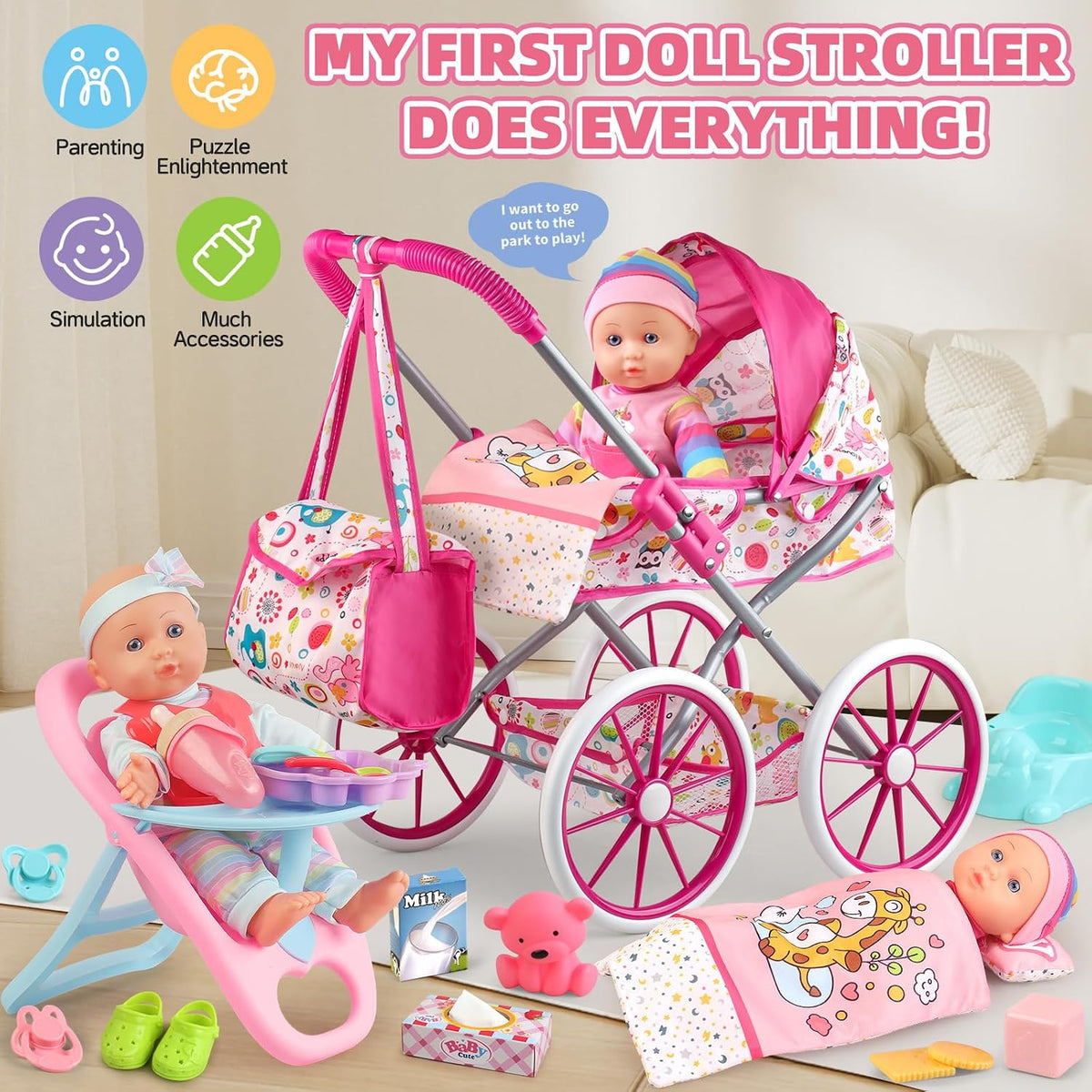 Baby Doll Stroller Set for Girls with 12.5" Baby Doll - image 2