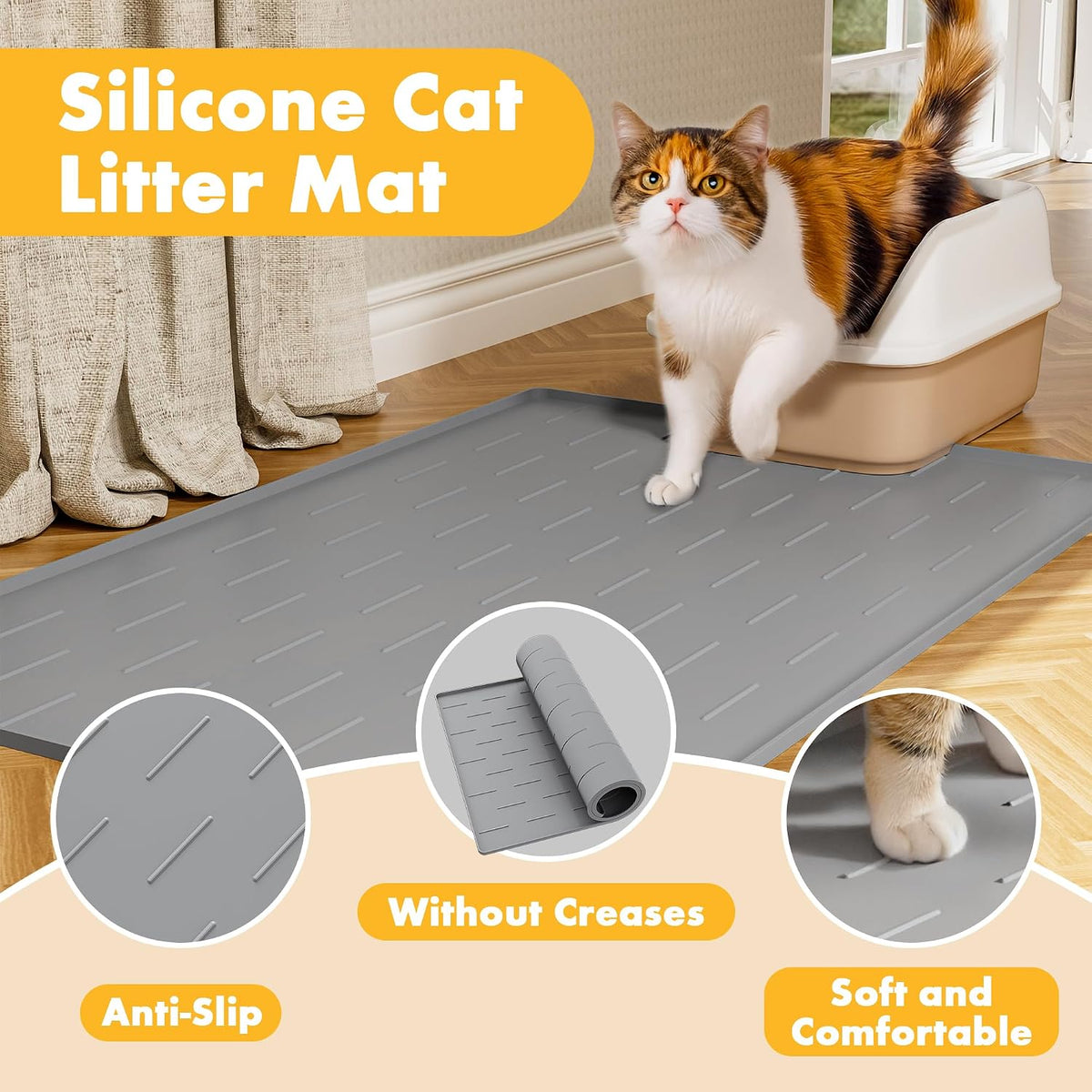Pieviev Silicone Cat Litter Mat, Traps Litter & Easy to Clean - L-34''x22'' / Light Gray - image 4