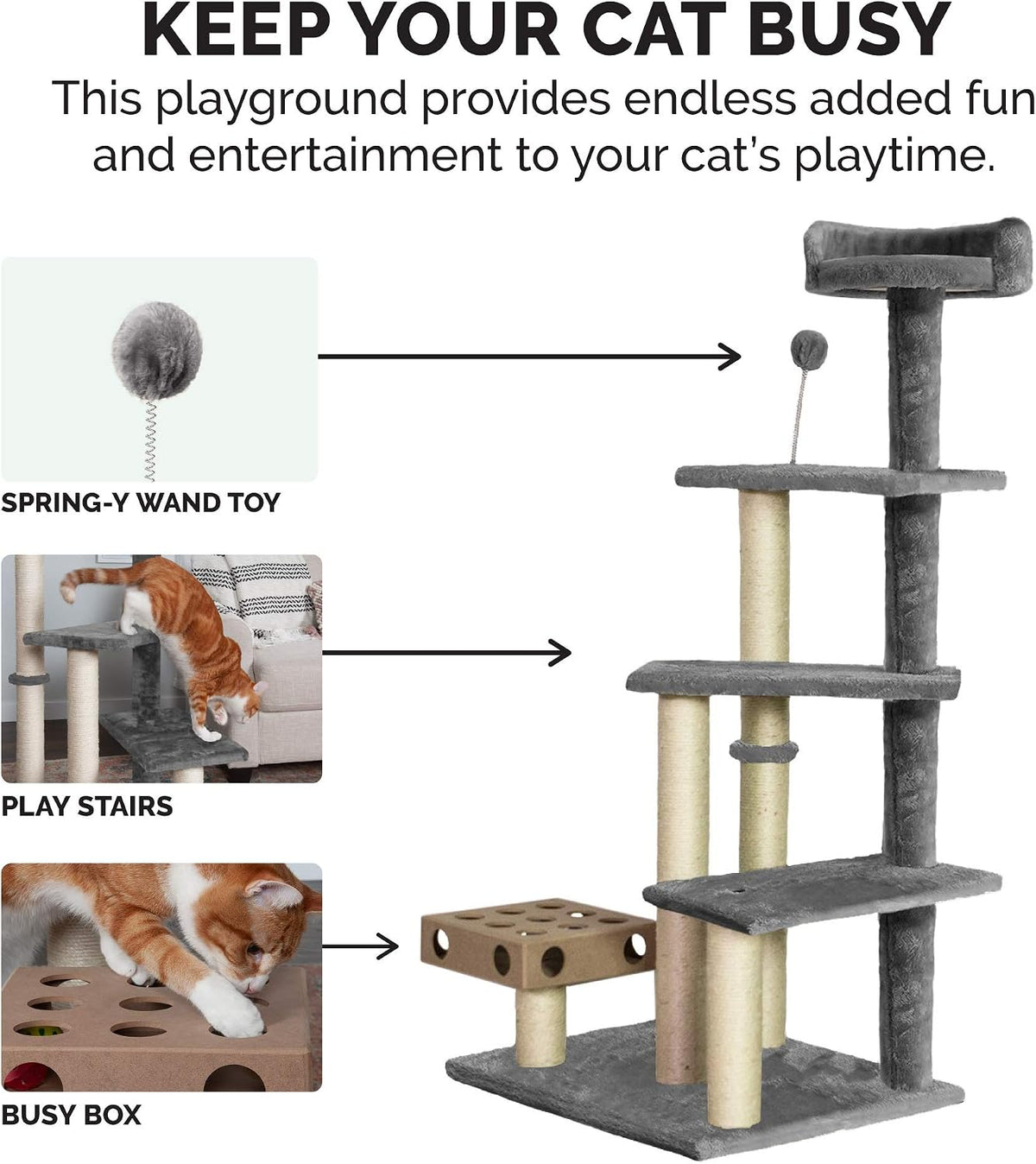 FurHaven 69.3" Tall Cat Scratching Post Tower for Indoor Cats - Cat Tower / Playstairs Playground (Gray) - image 4