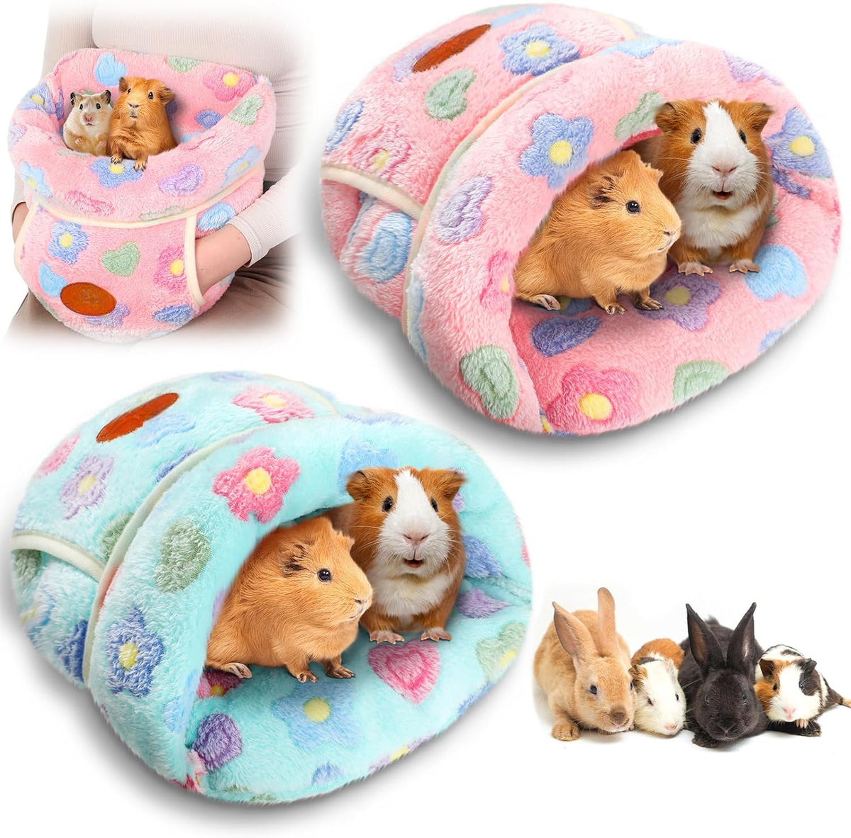 2 Pcs Guinea Pig Fleece Hideouts, Blue, Khaki, Star – Daily Care for Small Pets - Green, Pink / Flowers