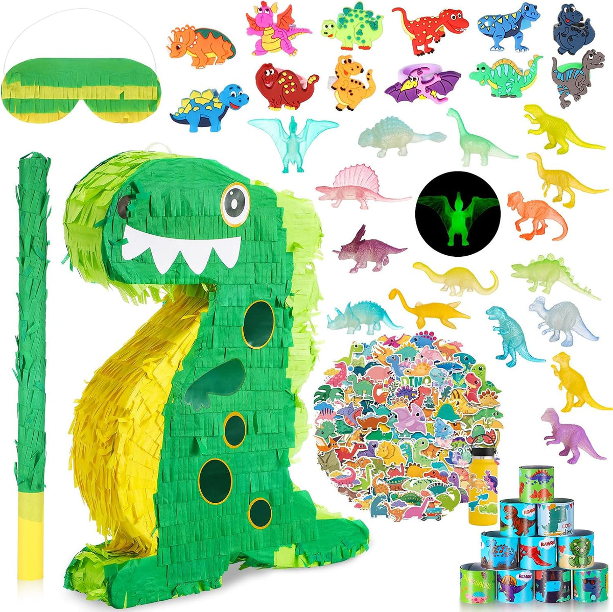 Hanaive green dinosaur piñata set with blindfold, baton, rings, slap bracelets and stickers