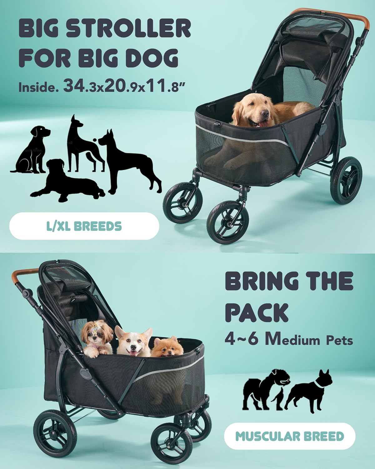 Zoosky Large Dog Stroller for 3 Dogs, up to 110lbs（33‘’Lx20‘’W） – Essentials for Dogs - image 4