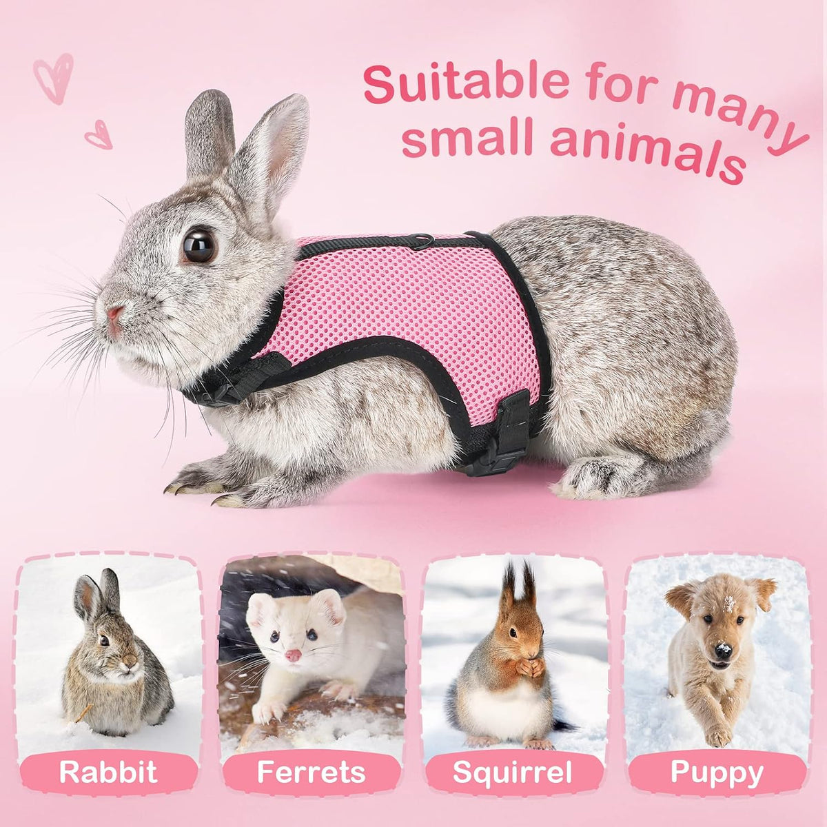 PETTOM Bunny Rabbit Guinea Pig Harness Stretchy Elastic Leash Cute - L(Chest:10.6-13.3 in) / Pink - image 2