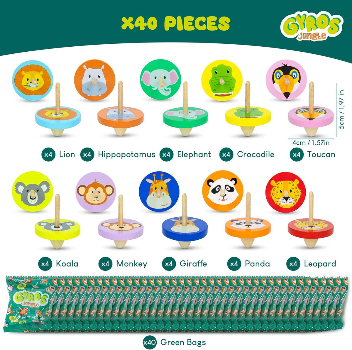 BONNYCO Wood Spinning Top 40 Pack of Animal Birthday Party Favors - Jungle / 40 Pack - image 3