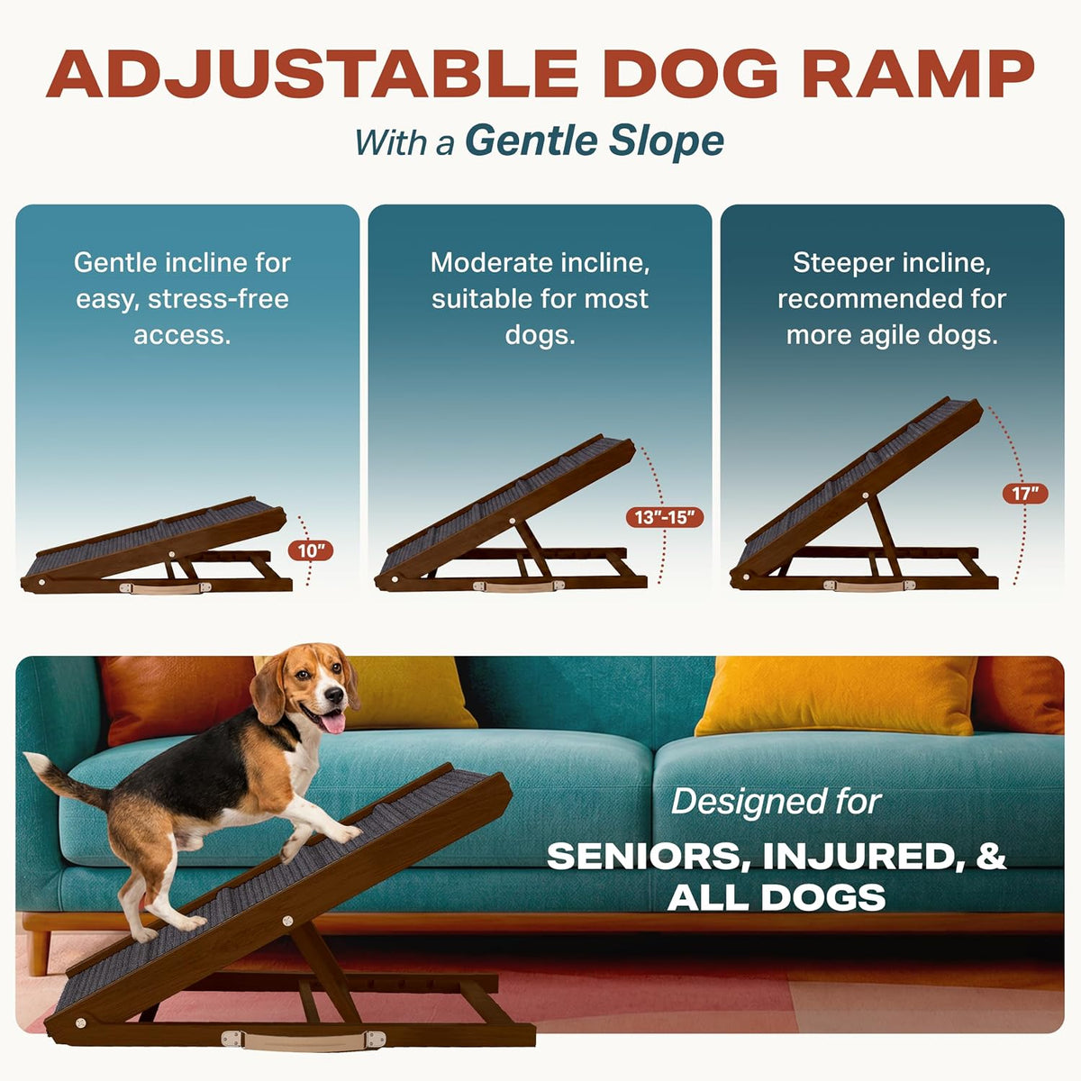 Adjustable Dog Ramp for Bed, Wooden Dog Ramp for Couch - Brown / 34" Long x 12.6" Walking Space - image 4