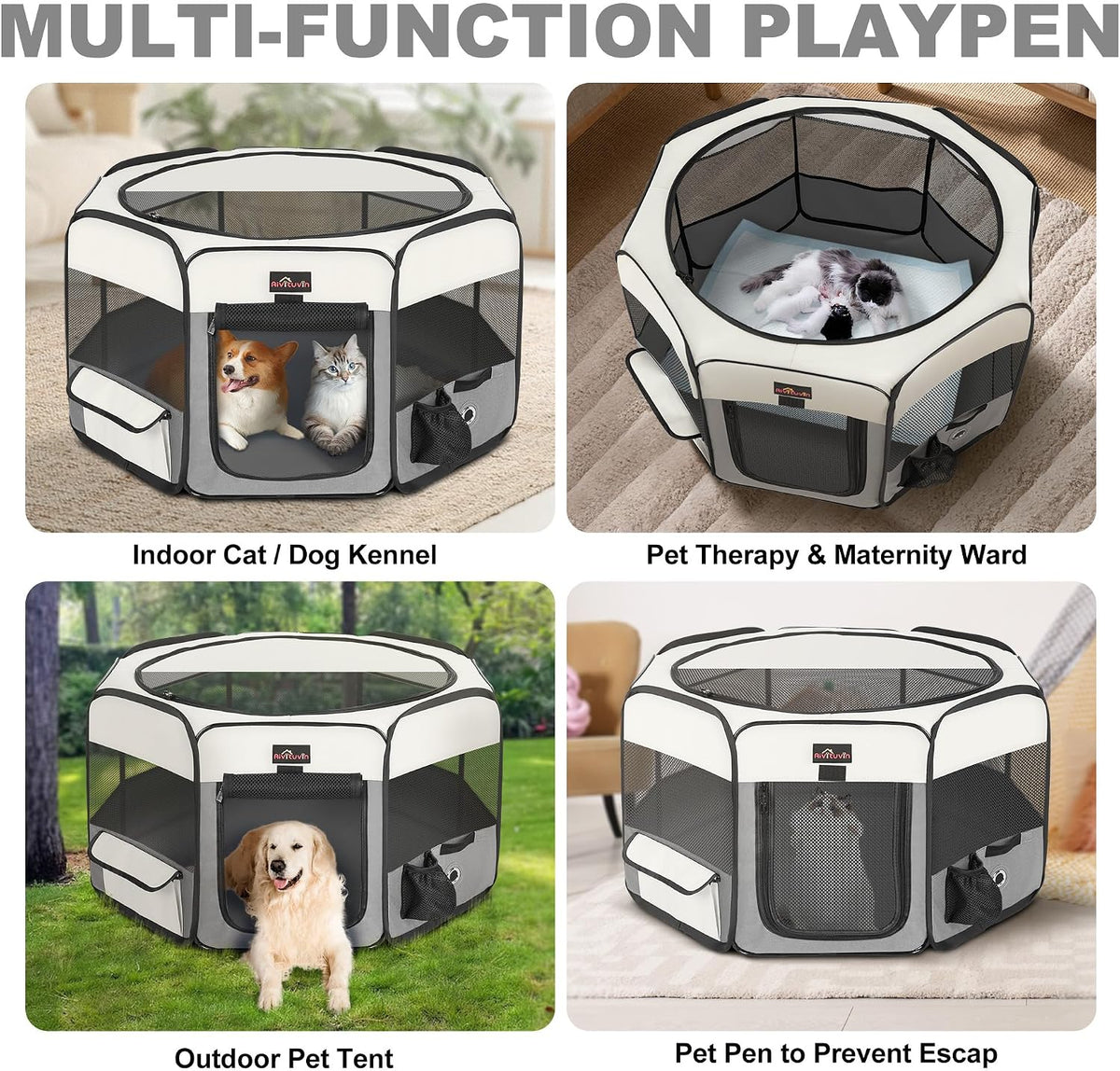 Aivituvin Dog Playpen, Foldable Pet Play Pens with Carrying Bag for Cat, Puppies, Rabbits, Portable - S / Grey - image 3