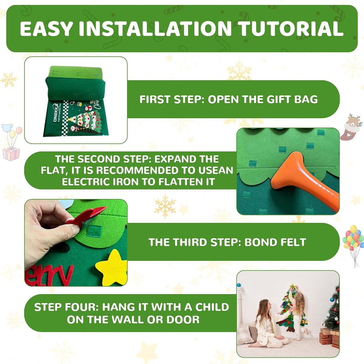 Onekka DIY felt Christmas tree set for kids with 32 felt ornaments and string lights - view 8
