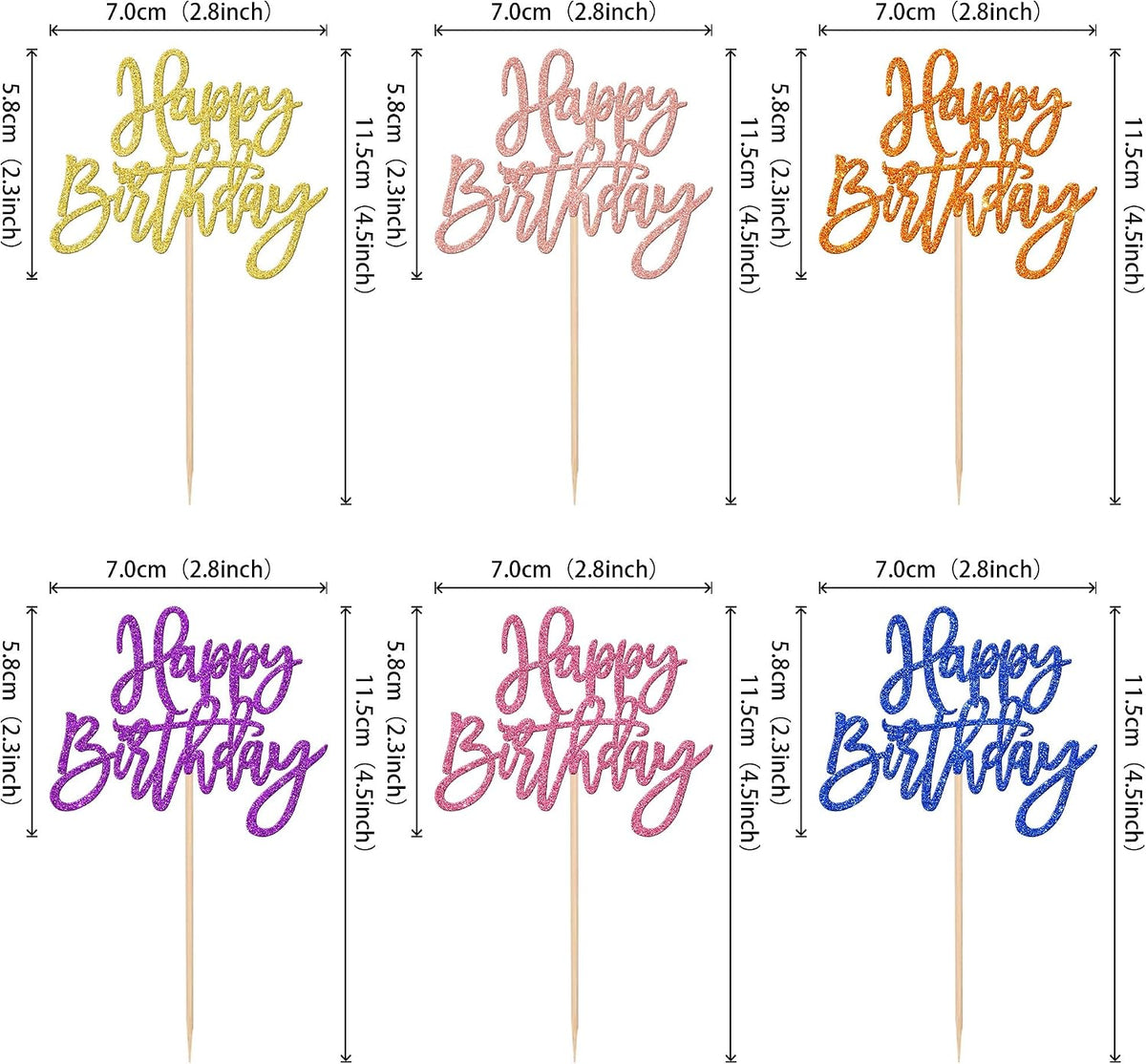 24 PCS Happy Birthday Cupcake Toppers Glitter Picks for Celebrating - Multi 6 Colors-2 - image 2