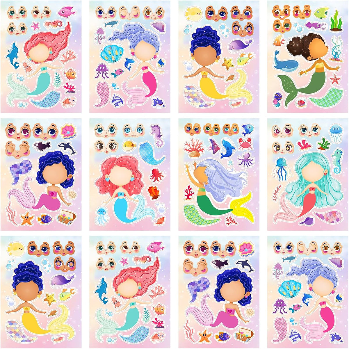 24 Sheets Make a Face Stickers for Kids Toddlers Party Favors Crafts – Fun for Kids & Family - Mermaid