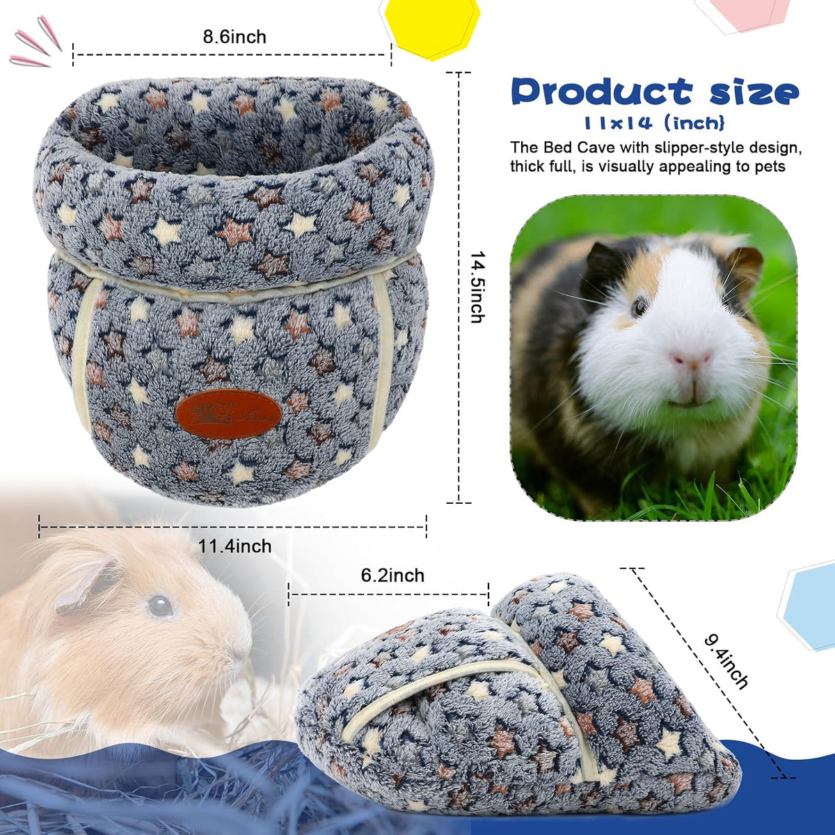 YUEPET Guinea Pig Bed Cuddle Cave, Warm Fleece Hideout - Grey Star / 1PCS - image 2